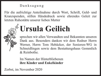 Traueranzeige von Ursula Geilich  von Magdeburger Volksstimme