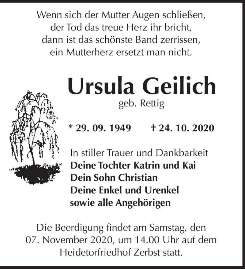  Traueranzeige für Ursula Geilich (geb. Rettig)  vom 30.10.2020 aus Magdeburger Volksstimme