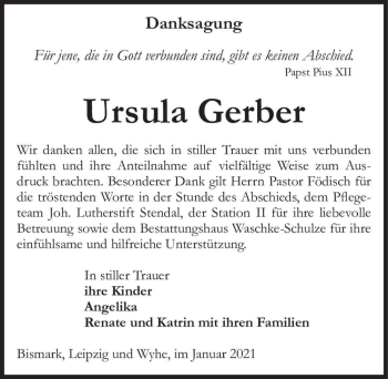 Traueranzeige von Ursula Gerber  von Magdeburger Volksstimme