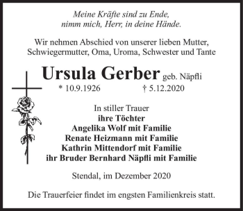 Traueranzeige von Ursula Gerber (geb. Näpfli)  von Magdeburger Volksstimme
