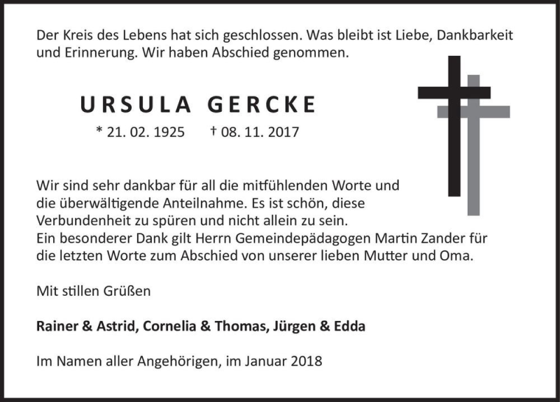  Traueranzeige für Ursula Gercke  vom 24.01.2018 aus Magdeburger Volksstimme