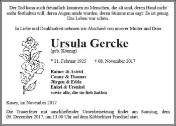 Traueranzeige von Ursula Gercke (geb. Könnig)  von Magdeburger Volksstimme