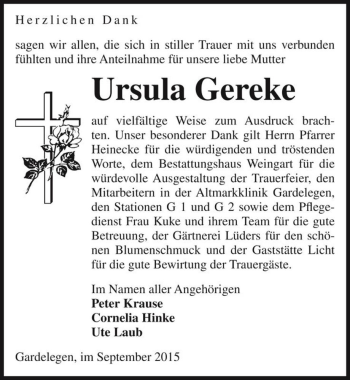 Traueranzeige von Ursula Gereke  von Magdeburger Volksstimme