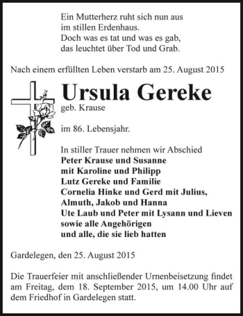 Traueranzeige von Ursula Gereke (geb. Krause)  von Magdeburger Volksstimme