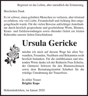 Traueranzeige von Ursula Gericke  von Magdeburger Volksstimme