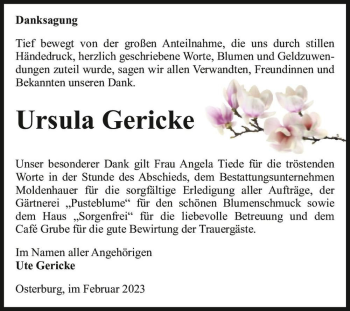Traueranzeige von Ursula Gericke  von Magdeburger Volksstimme