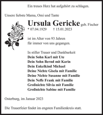 Traueranzeige von Ursula Gericke (geb. Fischer)  von Magdeburger Volksstimme
