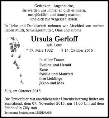 Traueranzeige von Ursula Gerloff (geb. Lenz)  von Magdeburger Volksstimme