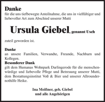 Traueranzeige von Ursula Giebel 