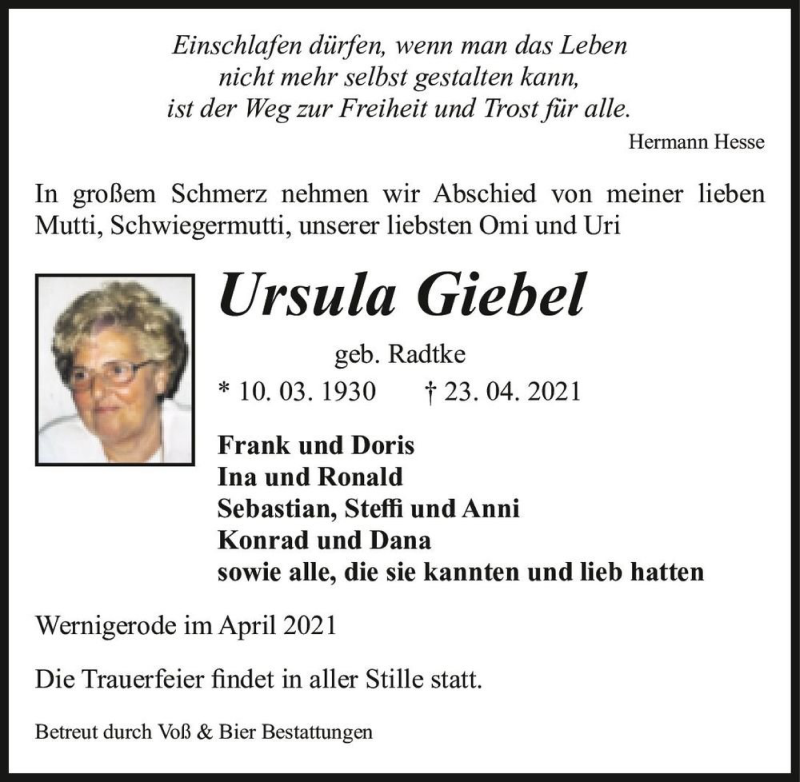  Traueranzeige für Ursula Giebel (geb. Radtke)  vom 30.04.2021 aus Magdeburger Volksstimme