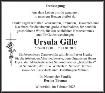 Traueranzeige von Ursula Gille  von Magdeburger Volksstimme