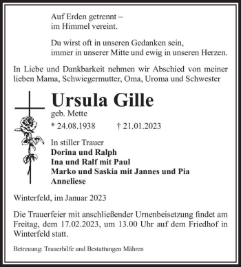 Traueranzeige von Ursula Gille (geb. Mette)  von Magdeburger Volksstimme