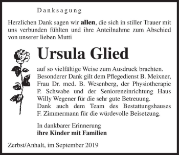 Traueranzeige von Ursula Glied  von Magdeburger Volksstimme