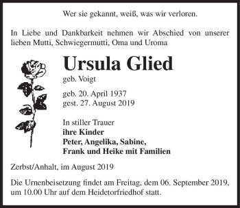 Traueranzeige von Ursula Glied (geb. Voigt)  von Magdeburger Volksstimme