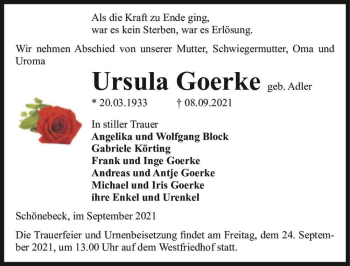 Traueranzeige von Ursula Goerke (geb. Adler)  von Magdeburger Volksstimme