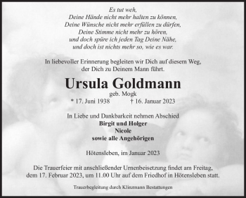 Traueranzeige von Ursula Goldmann (geb. Mogk)  von Magdeburger Volksstimme
