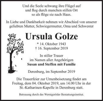 Traueranzeige von Ursula Golze  von Magdeburger Volksstimme