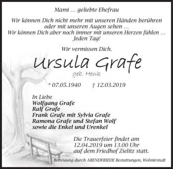 Traueranzeige von Ursula Grafe (geb. Henk)  von Magdeburger Volksstimme