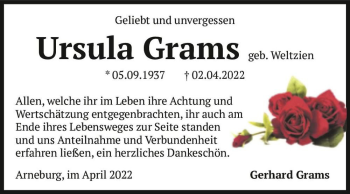 Traueranzeige von Ursula Grams (geb. Weltzien)  von Magdeburger Volksstimme