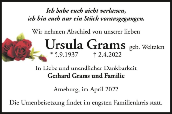 Traueranzeige von Ursula Grams (geb. Weltzien)  von Magdeburger Volksstimme