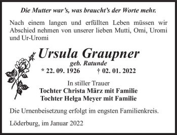 Traueranzeige von Ursula Graupner (geb. Ratunde)  von Magdeburger Volksstimme
