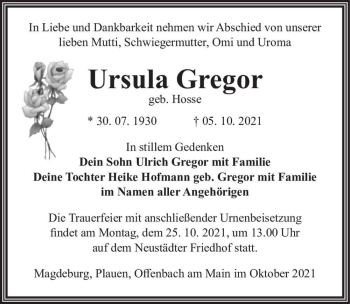 Traueranzeige von Ursula Gregor (geb. Hosse)  von Magdeburger Volksstimme