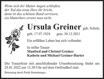 Traueranzeige von Ursula Greiner (geb. Scholz)  von Magdeburger Volksstimme