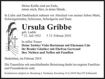 Traueranzeige von Ursula Gribbe (geb. Ladde)  von Magdeburger Volksstimme
