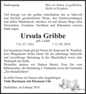Traueranzeige von Ursula Gribbe (geb. Ladde)  von Magdeburger Volksstimme