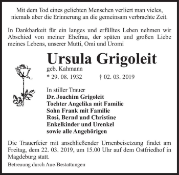 Traueranzeige von Ursula Grigoleit (geb. Kahmann)  von Magdeburger Volksstimme