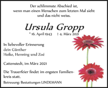 Traueranzeige von Ursula Gropp  von Magdeburger Volksstimme