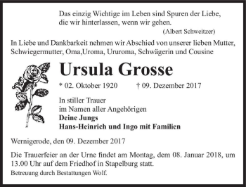 Traueranzeige von Ursula Grosse  von Magdeburger Volksstimme