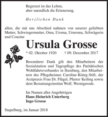 Traueranzeige von Ursula Grosse  von Magdeburger Volksstimme