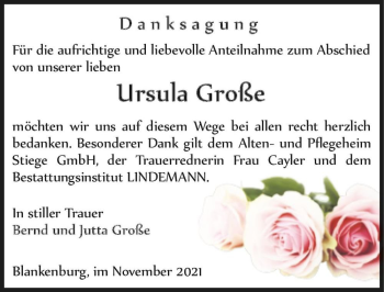 Traueranzeige von Ursula Große  von Magdeburger Volksstimme
