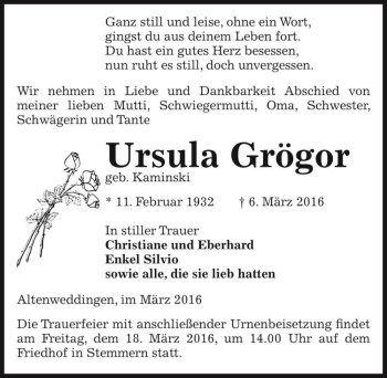 Traueranzeige von Ursula Grögor (geb. Kaminski)  von Magdeburger Volksstimme