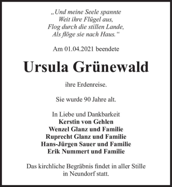 Traueranzeige von Ursula Grünewald  von Magdeburger Volksstimme