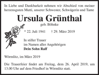 Traueranzeige von Ursula Grünthal (geb. Böhnke)  von Magdeburger Volksstimme