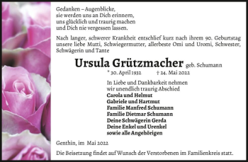 Traueranzeige von Ursula Grützmacher (geb. Schumann)  von Magdeburger Volksstimme