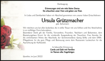 Traueranzeige von Ursula Grützmacher (geb. Schumann)  von Magdeburger Volksstimme