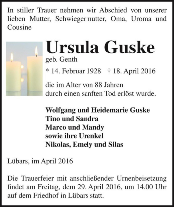 Traueranzeige von Ursula Guske (geb. Genth)  von Magdeburger Volksstimme