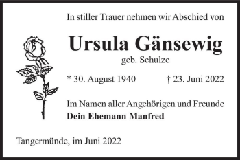 Traueranzeige von Ursula Gänsewig (geb. Schulze)  von Magdeburger Volksstimme