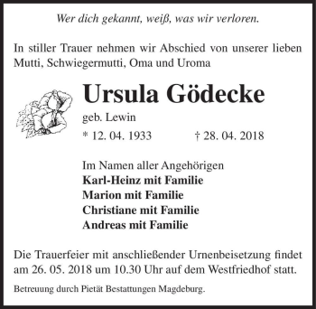 Traueranzeige von Ursula Gödecke (geb. Lewin)  von Magdeburger Volksstimme