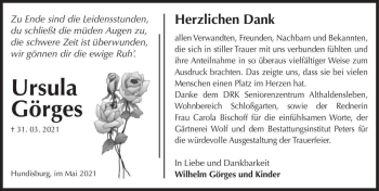 Traueranzeige von Ursula Görges  von Magdeburger Volksstimme