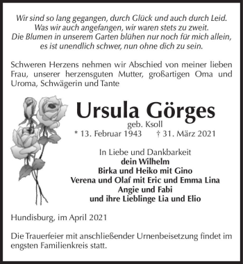 Traueranzeige von Ursula Görges (geb. Ksoll)  von Magdeburger Volksstimme