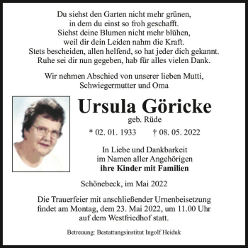 Traueranzeige von Ursula Göricke (geb. Rüde)  von Magdeburger Volksstimme