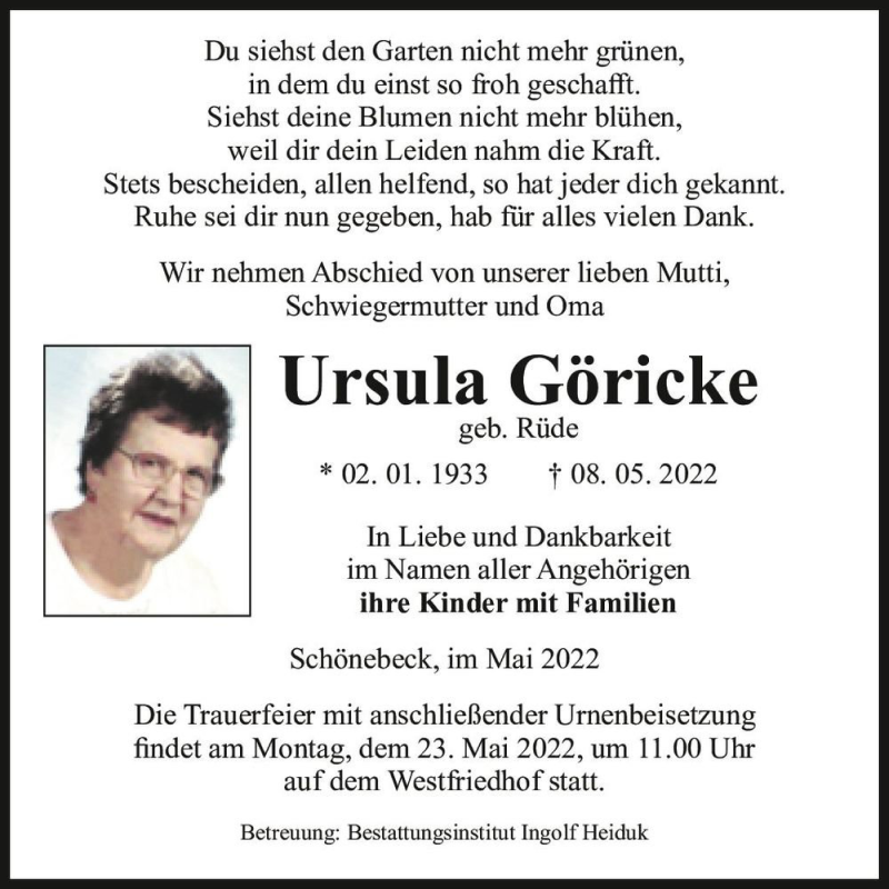  Traueranzeige für Ursula Göricke (geb. Rüde)  vom 14.05.2022 aus Magdeburger Volksstimme