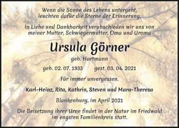 Traueranzeige von Ursula Görner (geb. Hartmann)  von Magdeburger Volksstimme