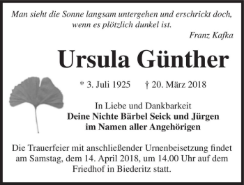 Traueranzeige von Ursula Günther  von Magdeburger Volksstimme