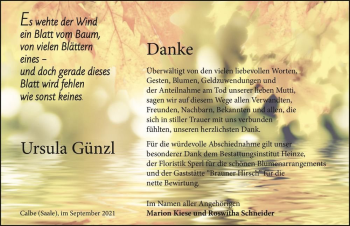 Traueranzeige von Ursula Günzl  von Magdeburger Volksstimme