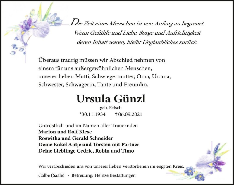  Traueranzeige für Ursula Günzl (geb. Felsch)  vom 25.09.2021 aus Magdeburger Volksstimme